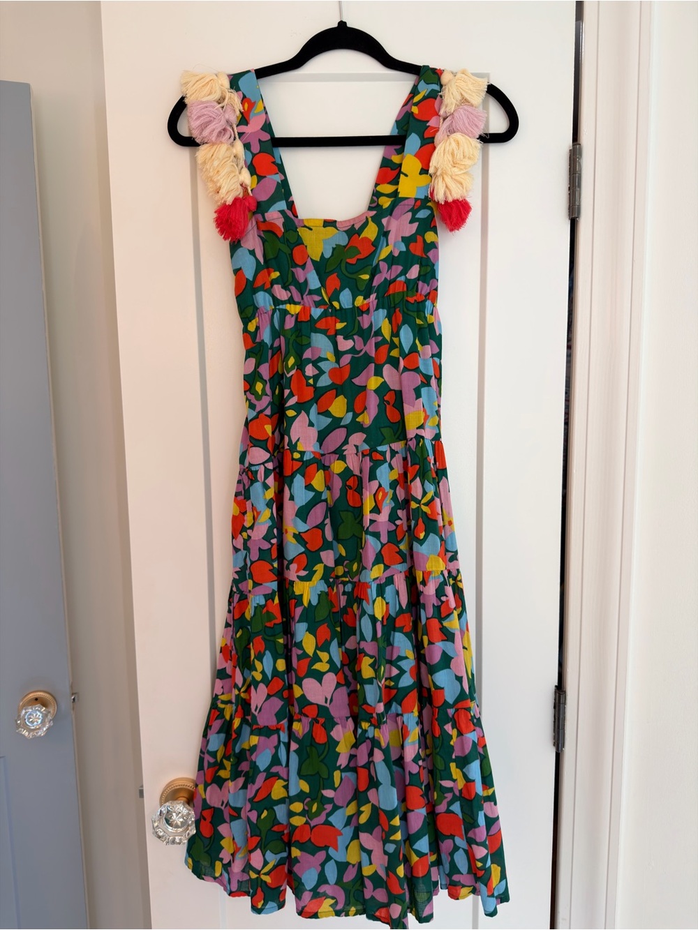 J. Crew Green Multicolor Floral Midi Dress with Pom-Pom Straps
